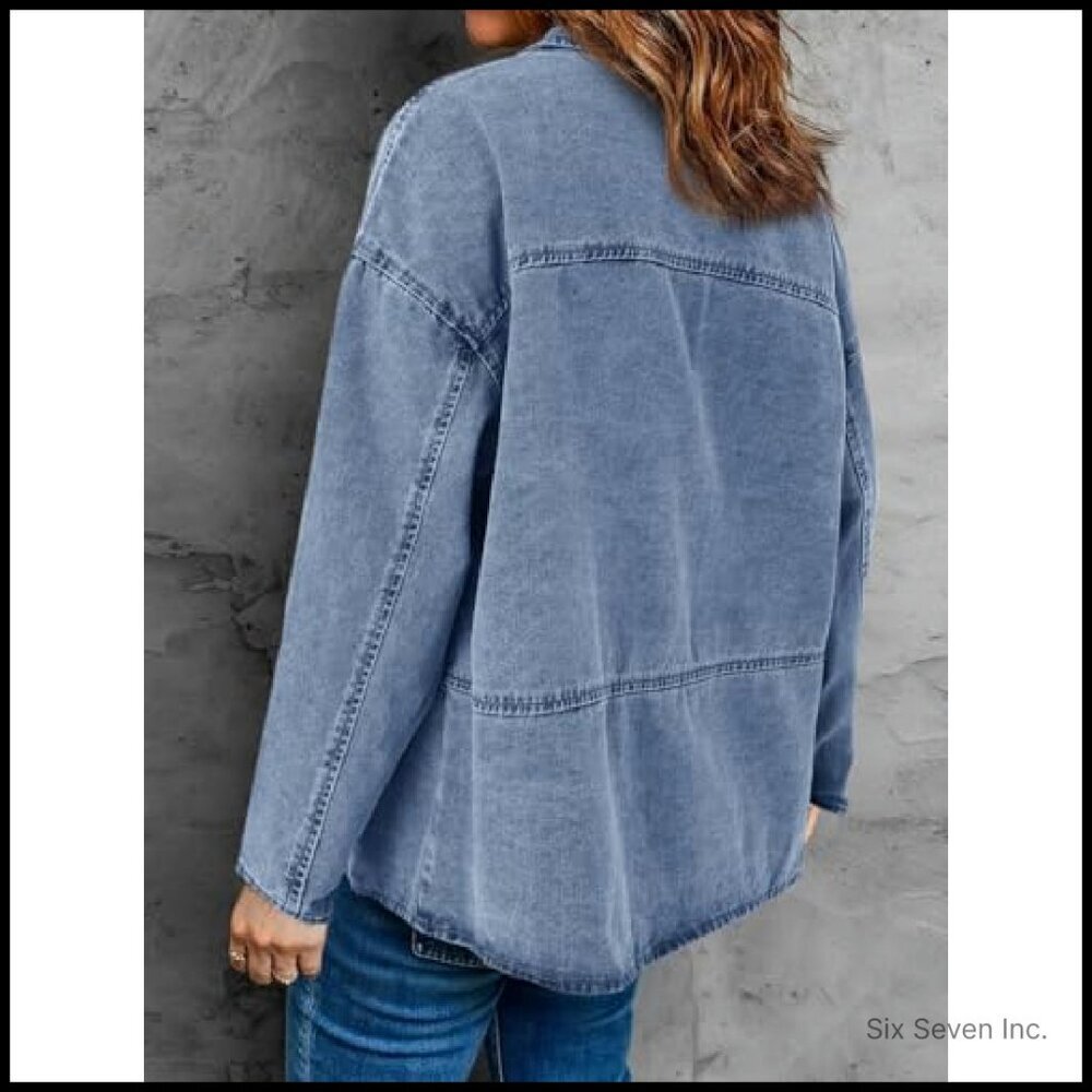 Oversized Denim Jacket Vintage Y2K Distressed Boyfriend Fit Utility Coat - Picture 5 of 8